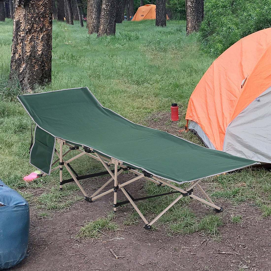 Single Person Camping Bed Folding Cot Outdoor Patio Portable Military Sleeping Bed Travel Guest Leisure Fishing with Side Pocket and Carry Bag - Green