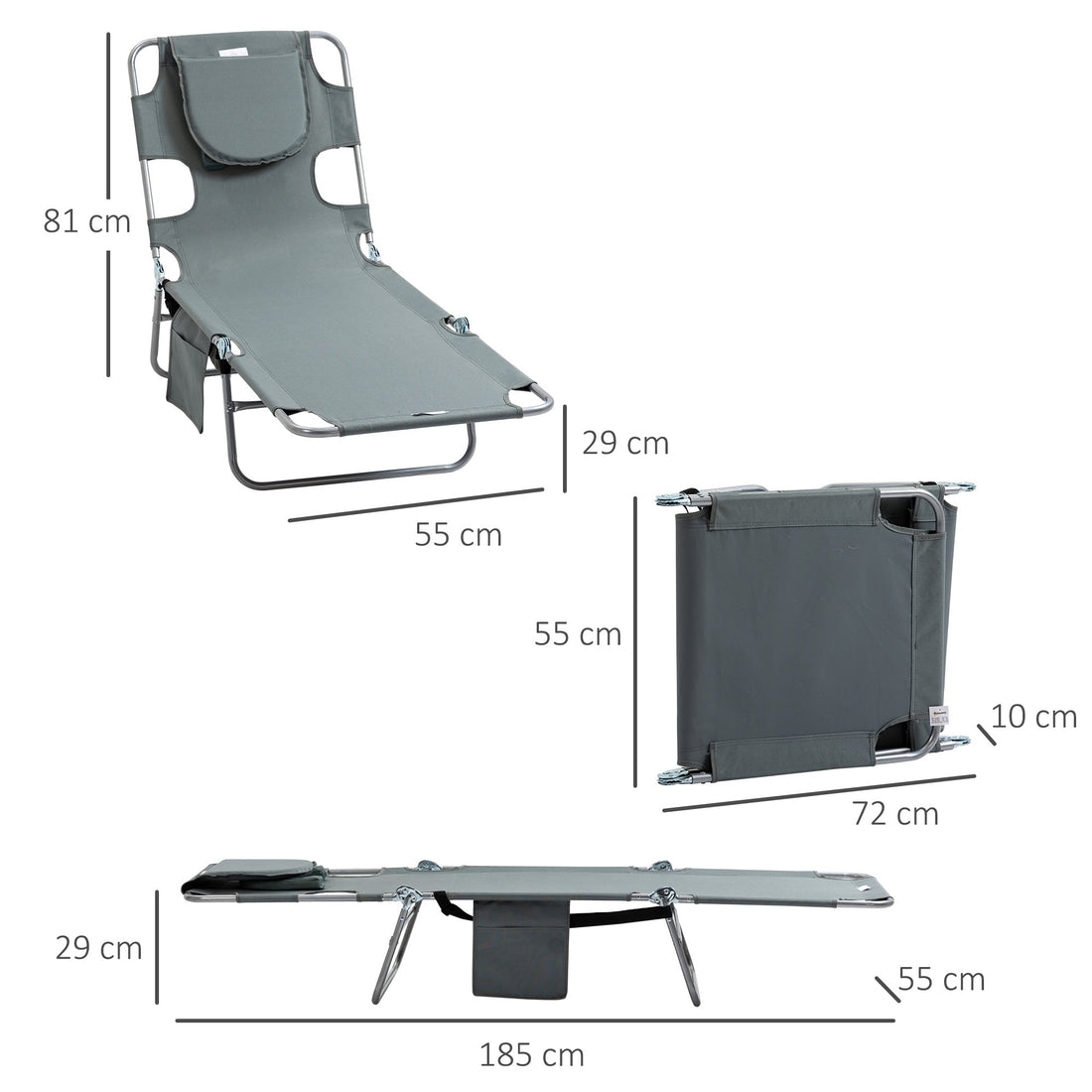 Foldable Sun Lounger, Beach Chaise Lounge with Reading Hole, Arm Slots, 5-Position Adjustable Backrest, Side Pocket, Pillow for Garden, Beach, Pool, Grey