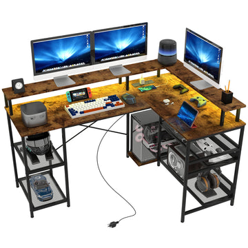 LED Light 'L' Computer Desk, with Shelves - Brown