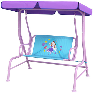 Two Seater Kids Garden Swing, Fairy Themed kids Swing Chair with Adjustable Canopy, Safety Belts for Outdoor Use