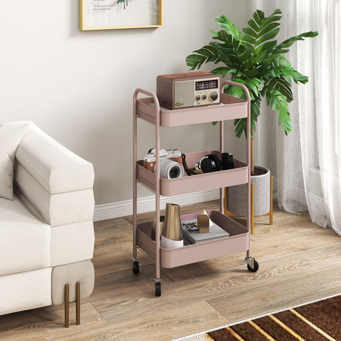 HOMCOM Three-Tier Steel Storage Trolley - Pink