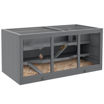 Wooden Hamster Cage, Small Animals Hutch with Tray, Openable Top, Exercise Play House Pen, 115L x 57W x 55Hcm, Grey