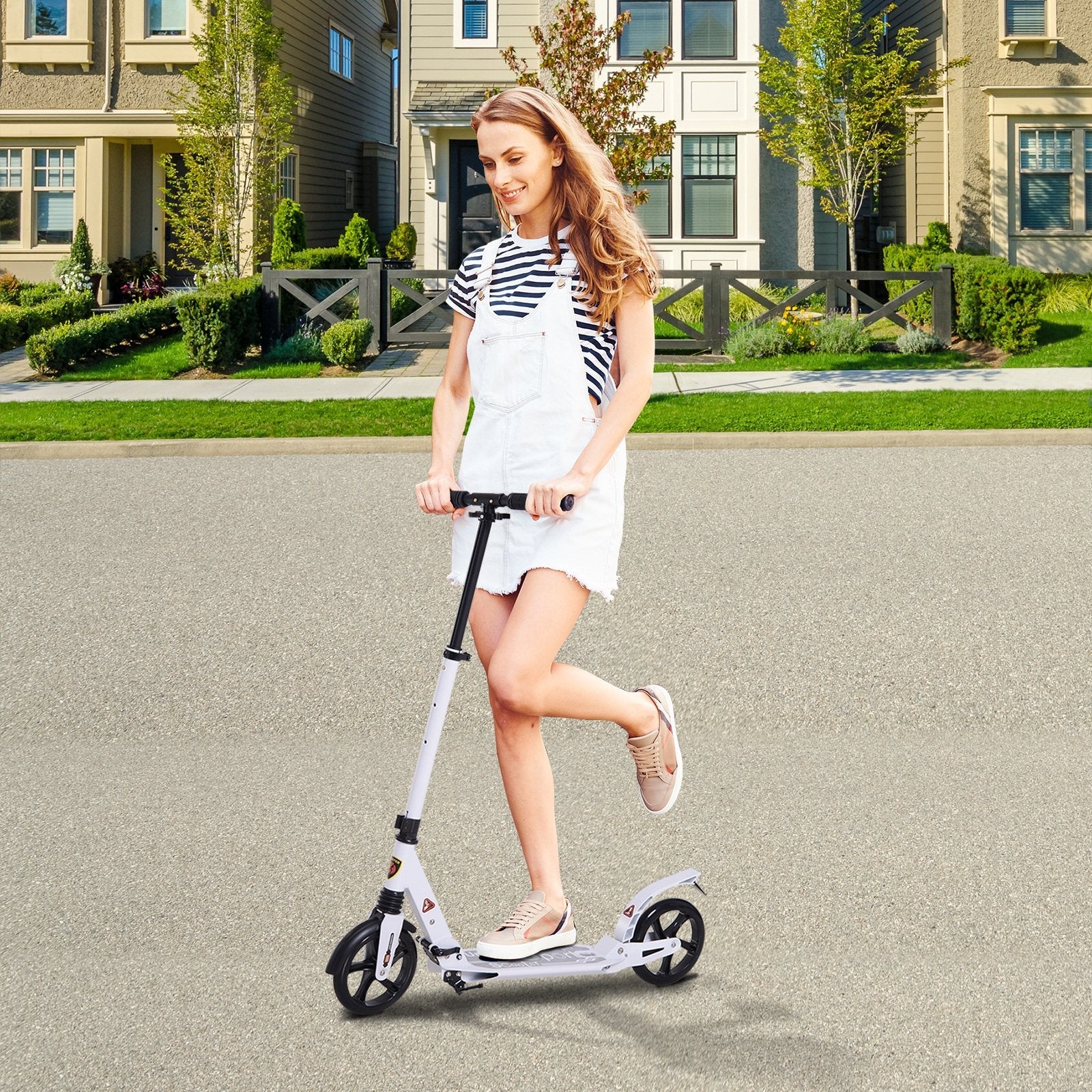 Folding Kick Scooter, Adjustable Ride On Scooter with 200mm Big Wheels and Double Shock Absorption, Urban Scooter for 14+ Teens Adult- White