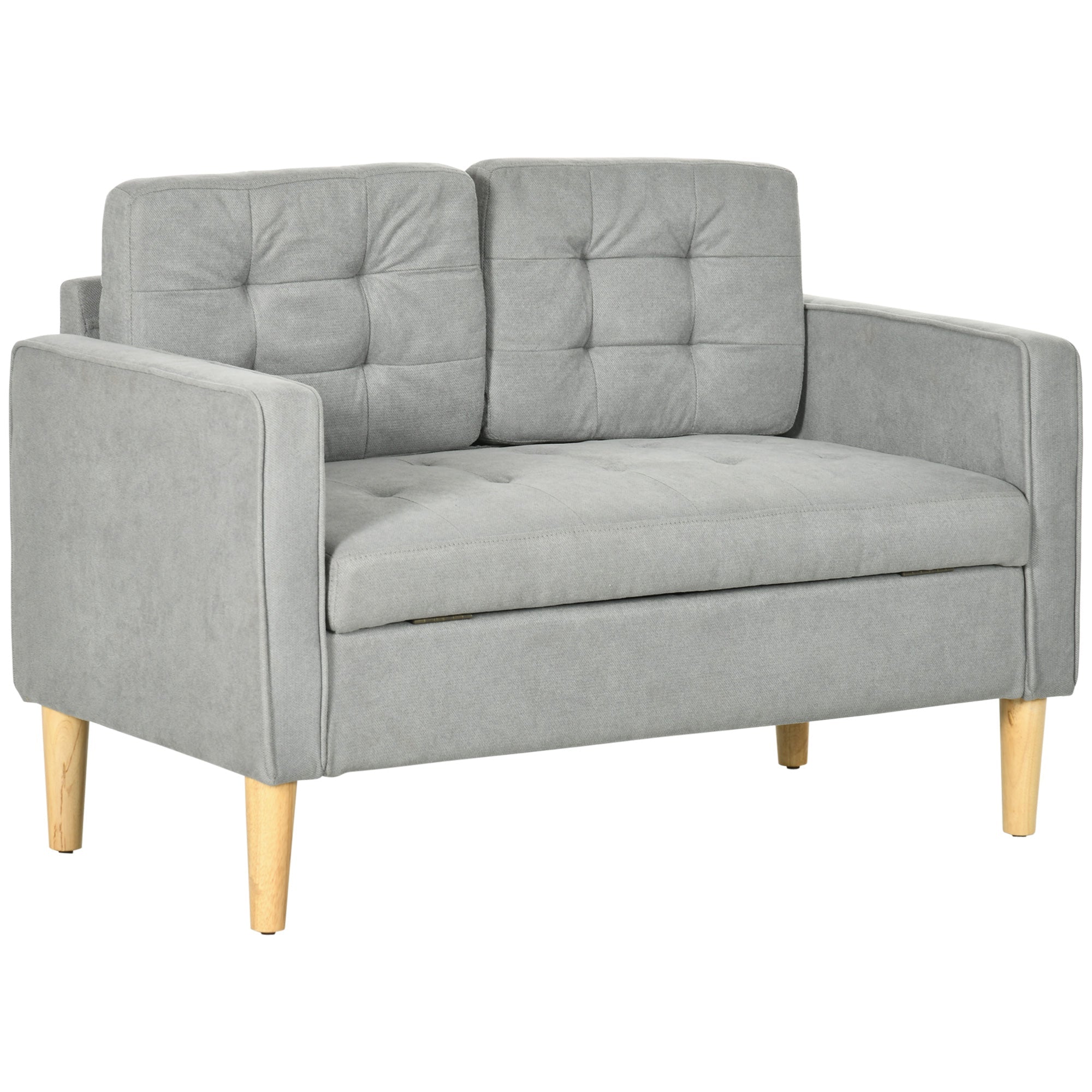 Modern 2 Seater Sofa with Hidden Storage, 117cm Tufted Cotton Couch with Wood Legs, Compact Loveseat for Living Room, Kitchen, Light Grey