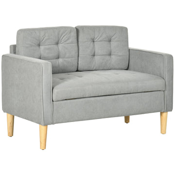 Modern 2 Seater Sofa with Hidden Storage, 117cm Tufted Cotton Couch with Wood Legs, Compact Loveseat for Living Room, Kitchen, Light Grey