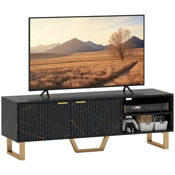 Marble Effect TV Unit, TV Stand Cabinet for up to 70" TVs, Modern TV Cabinet with Shelves and Storage Cupboard, Fluted Door, Extra Centre Leg, Cable Management for Living Room, Black