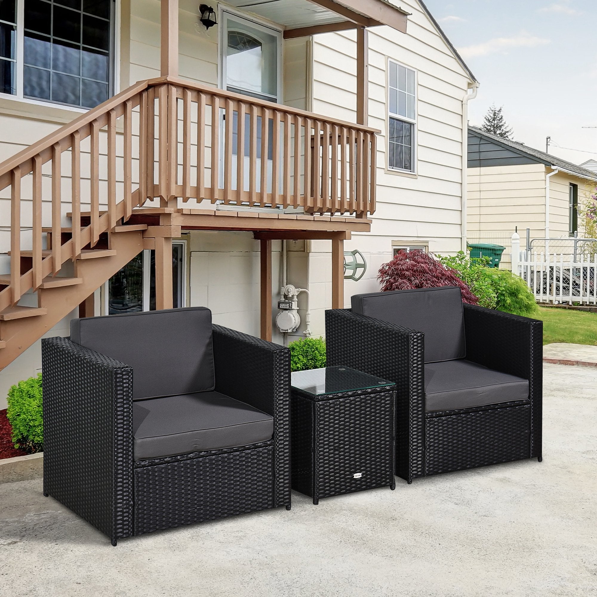 3 Pieces Rattan Bistro Set, Wicker Garden Furniture Set with Glass Top Coffee Table and Chairs, Thickened Washable Cushions for Outdoor, Patio, Balcony, Black