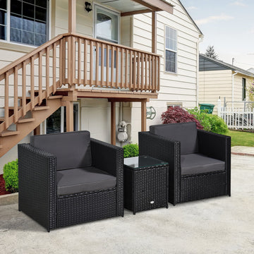 3 Pieces Rattan Bistro Set, Wicker Garden Furniture Set with Glass Top Coffee Table and Chairs, Thickened Washable Cushions for Outdoor, Patio, Balcony, Black