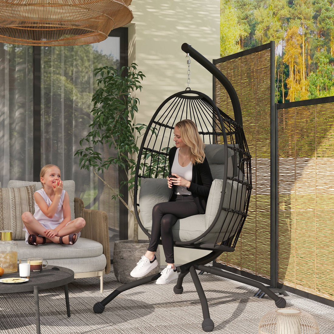 Hanging Egg Chair Outdoor Indoor Garden Swing Chair with Folding Basket and Thickened Cushion, Garden Hanging Chair with Stand, Headrest, Cup Holder for Patio, Balcony, Dark Grey