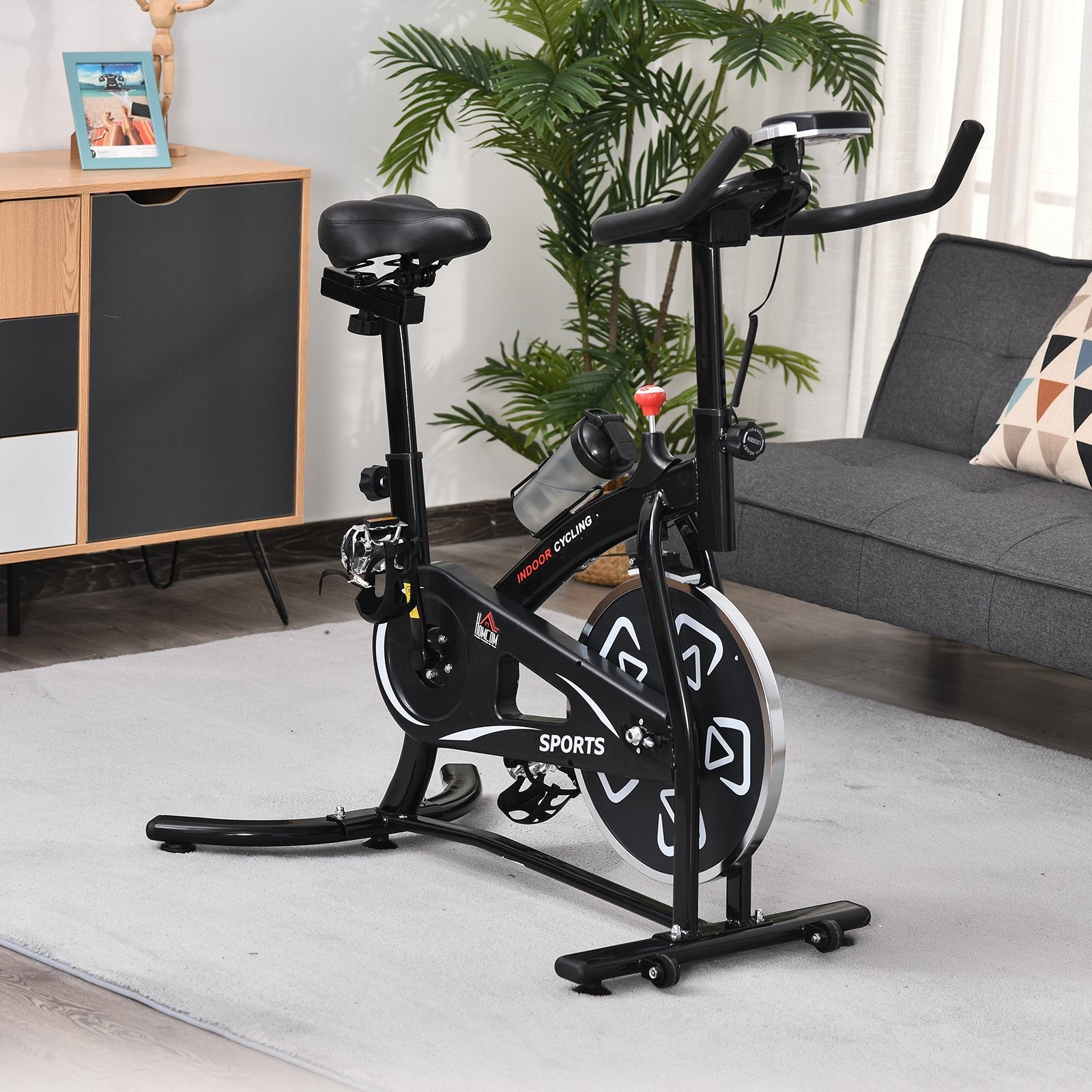 Indoor Stationary Exercise Bike 6kg Flywheel Fitness Cardio Workout Bke Trainer for Home Gym w/ Adjustable Resistance LCD Monitor Pad and Bottle Holder Black