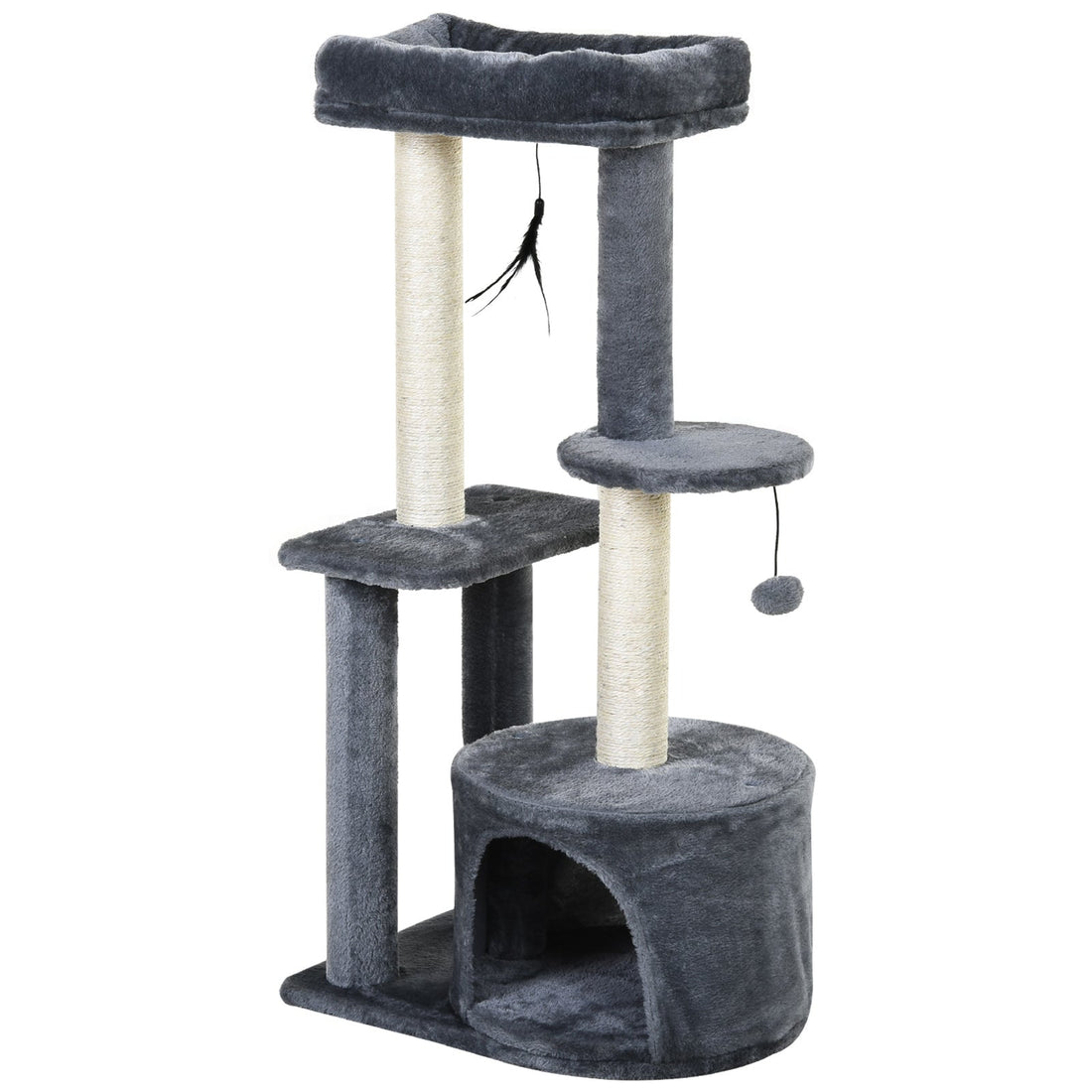 100cm Cat Tree for Indoor Cats, Cat Tower Condo for Kittens with Cat House Sisal Scratching Posts, Hanging Ball Toys, Perches - Grey