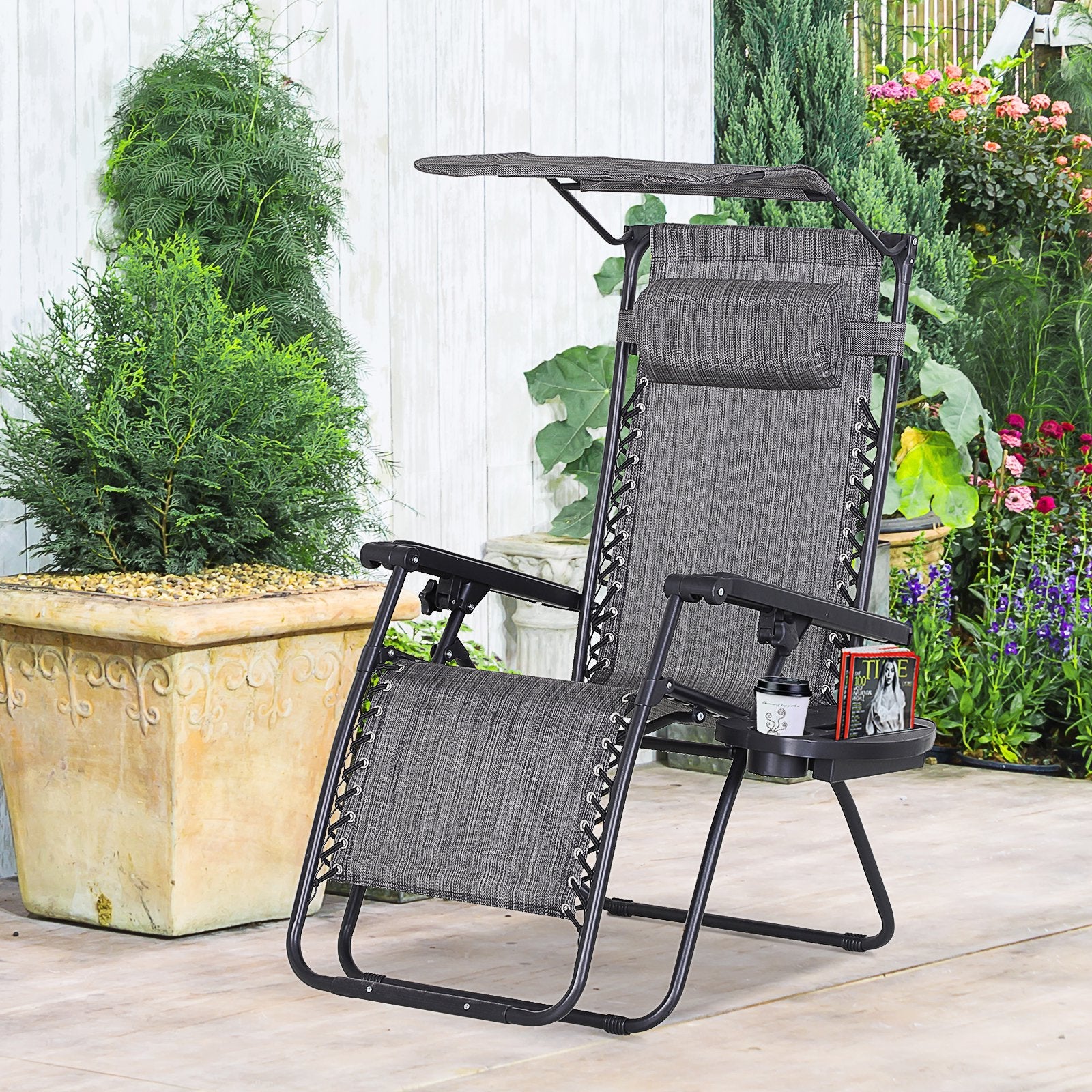 Foldable Reclining Garden Chair with Headrest, Zero Gravity Deck Sun Lounger Seat Chair with Footrest, Armrest, Cup Holder & Canopy Shade, Grey