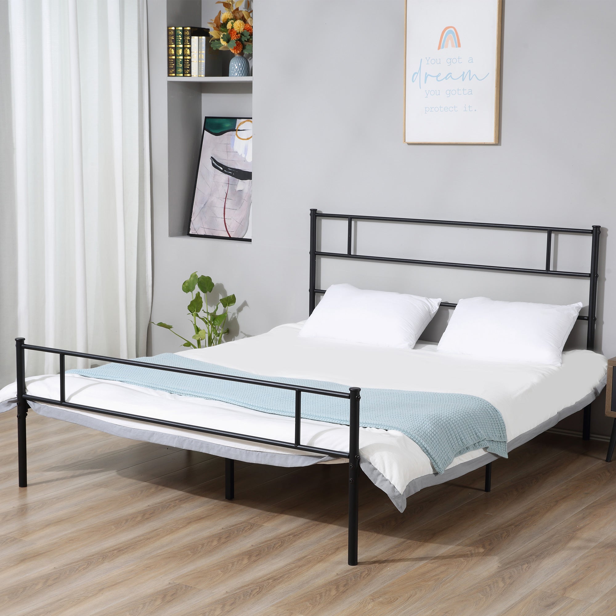 Double Metal Bed Frame Solid Bedstead Base with Headboard and Footboard, Metal Slat Support and Underbed Storage Space, Bedroom Furniture, Black