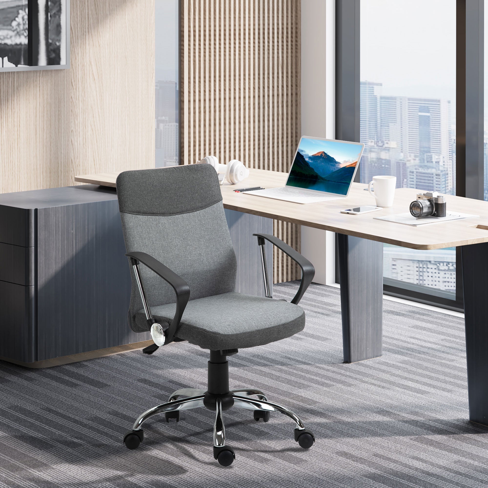 Office Chair Linen Fabric Swivel Computer Desk Chair Home Study Adjustable Chair with Wheels, Grey