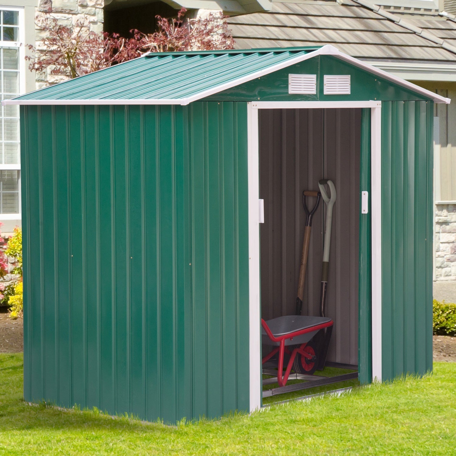 7 x 4ft Metal Garden Shed, Outdoor Storage Tool House with Ventilation Slots, Foundation Kit and Lockable Double Doors, Green