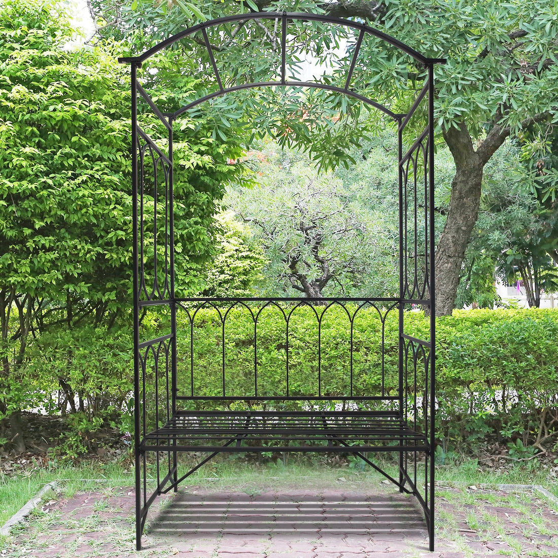 Garden Metal Frame Bench W/Arch for Various Climbing Plant, 115Lx50Wx203H cm-Black