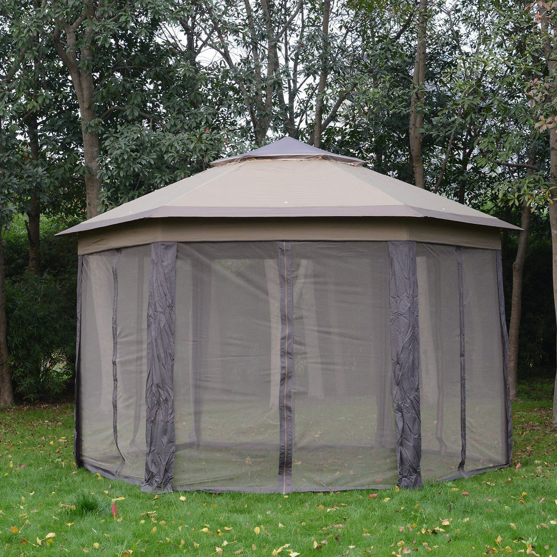 3 x 4m Garden Gazebo Hexagon Pop Up Gazebo Party Tent Canopy Double Roof Instant Shelter with Netting and Carry Bag for Outdoor Patio, Beige
