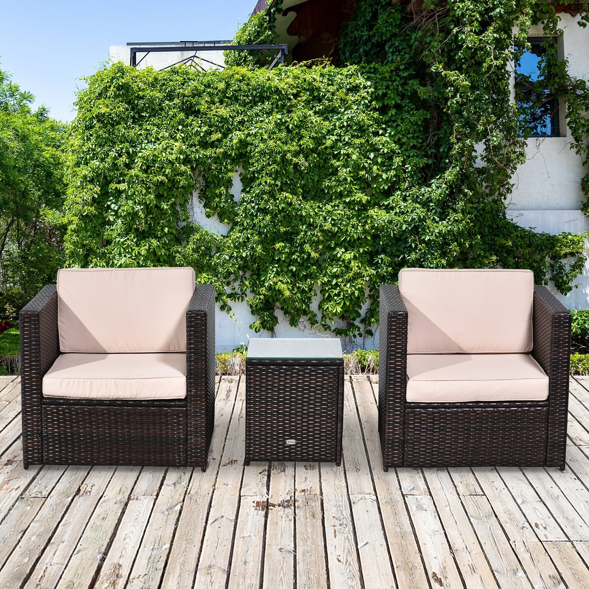 2-Seater Rattan Sofa Furniture Set W/Cushions, Steel Frame-Brown