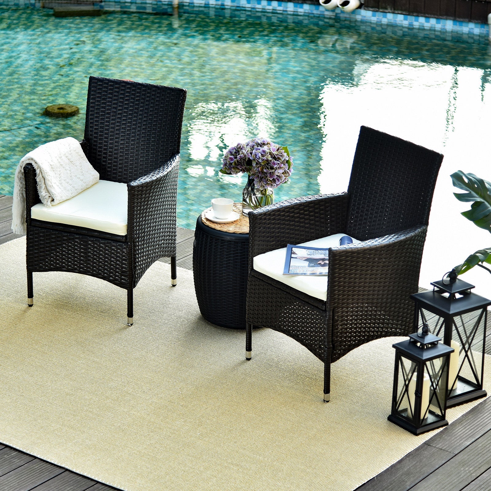 2 Pieces Outdoor PE Rattan Dining Chairs Set with Cushion, Garden Armchair with Armrests, High Backrest, Metal Frame Patio Wicker Furniture, Coffee