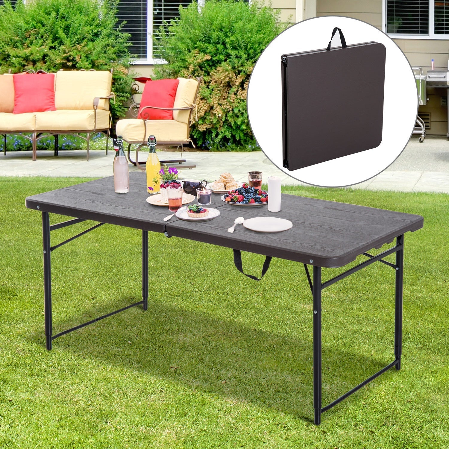4FT Portable Metal Picnic Table, 22Lx61Wx53/71.5H cm-Black/Brown