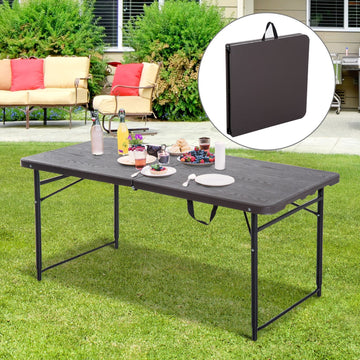 4FT Portable Metal Picnic Table, 22Lx61Wx53/71.5H cm-Black/Brown