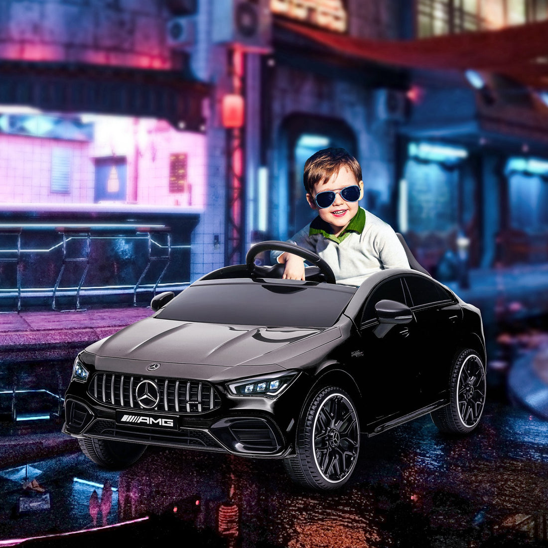 Mercedes-Benz AMG CLA 45 Licensed 12V Kids Electric Car Ride on Car w/ Remote, Suspension Lights Music Horn - Black