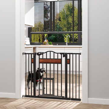 Pet Gate Safety Gate, with Cat Flap, Auto Close, for Staircases, Doorways, Hallways, 74-105cm Wide - Black