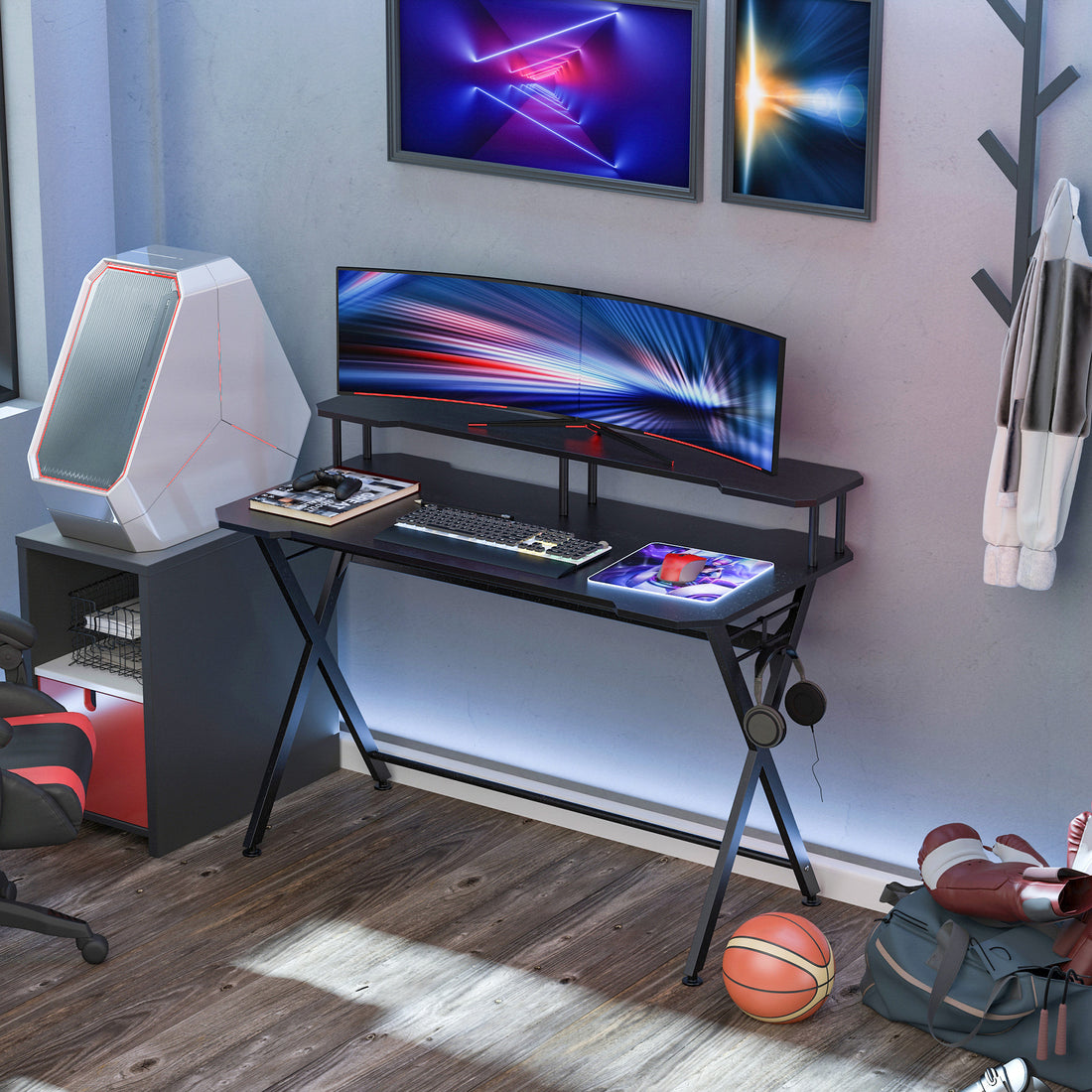 Gaming Desk Writing Racing Computer Table Workstation with Headphone Hook Curved Front Adjustable Feet for Home Office Use 140 x 60cm