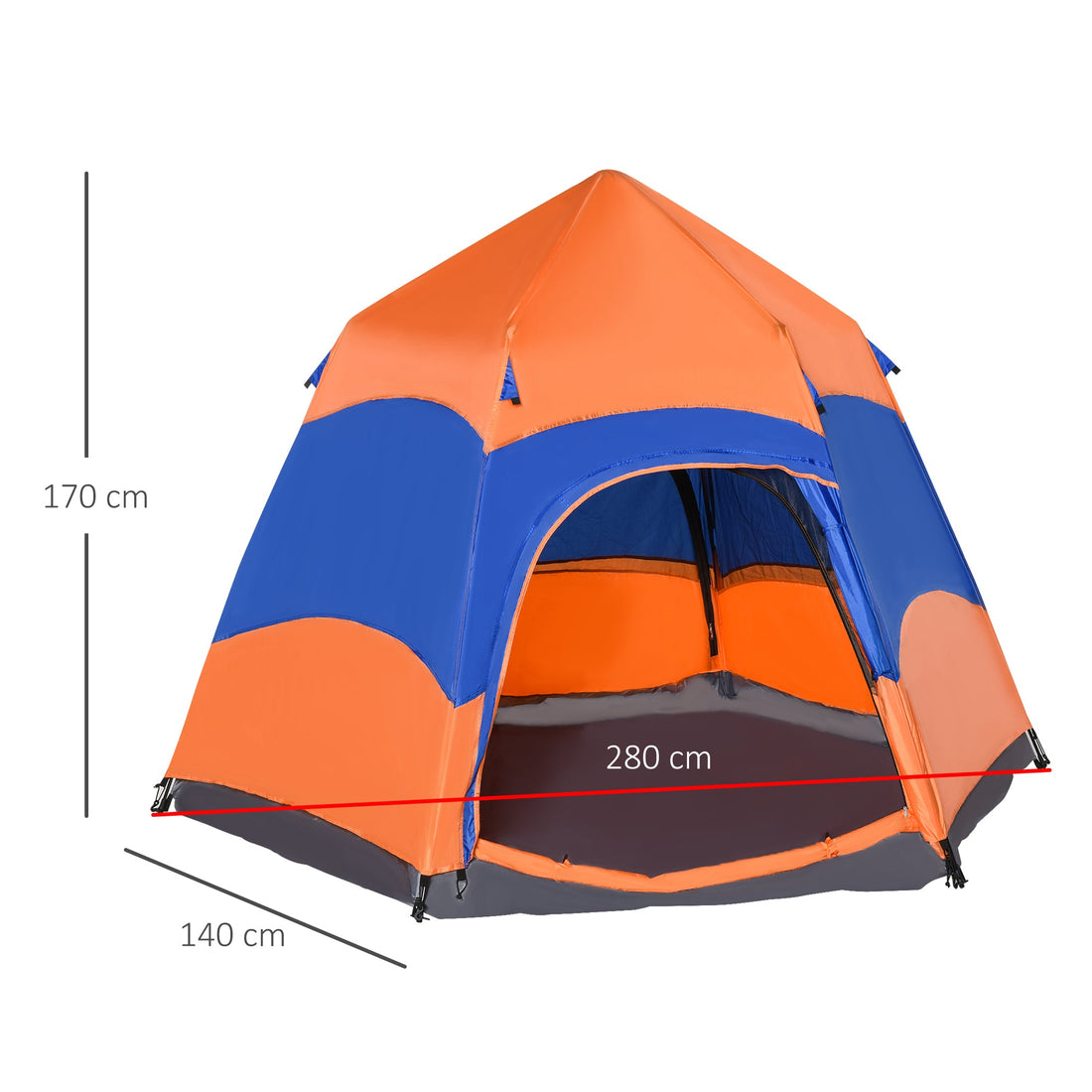 Six Man Hexagon Camping Tent with Hang Hook and Carry Bag - Orange and Blue