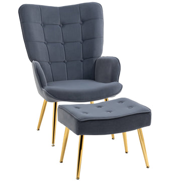 Modern Armchair with Footstool, Upholstered Accent Chair with Ottoman, Steel Legs, Velvet Wingback Chair for Living Room, Bedroom, Home Study, Dark Grey