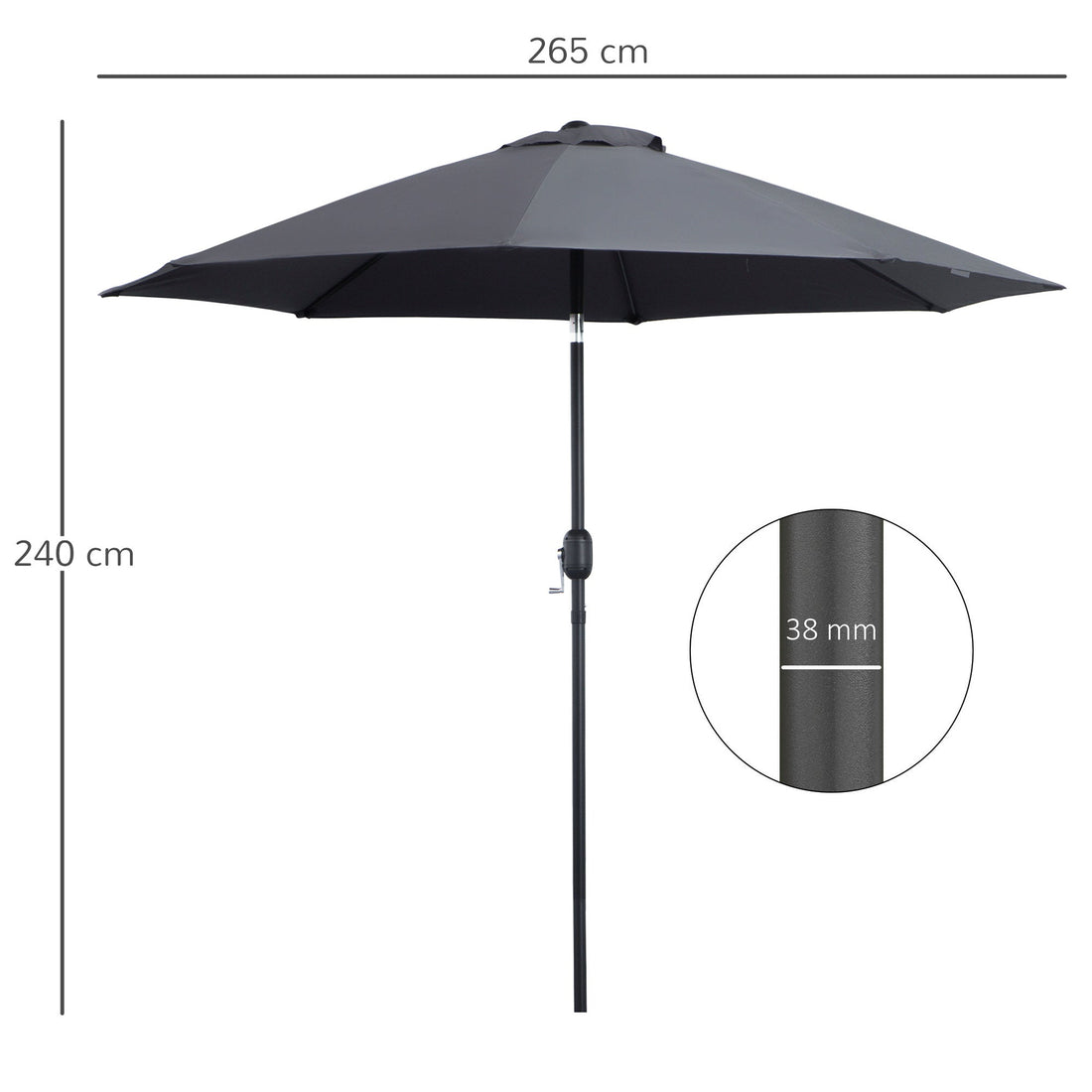2.7M Garden Parasol Umbrella with Glass Fibre Ribs and Aluminium Frame, Tilting Sun Shade Shelter Canopy, Charcoal Grey