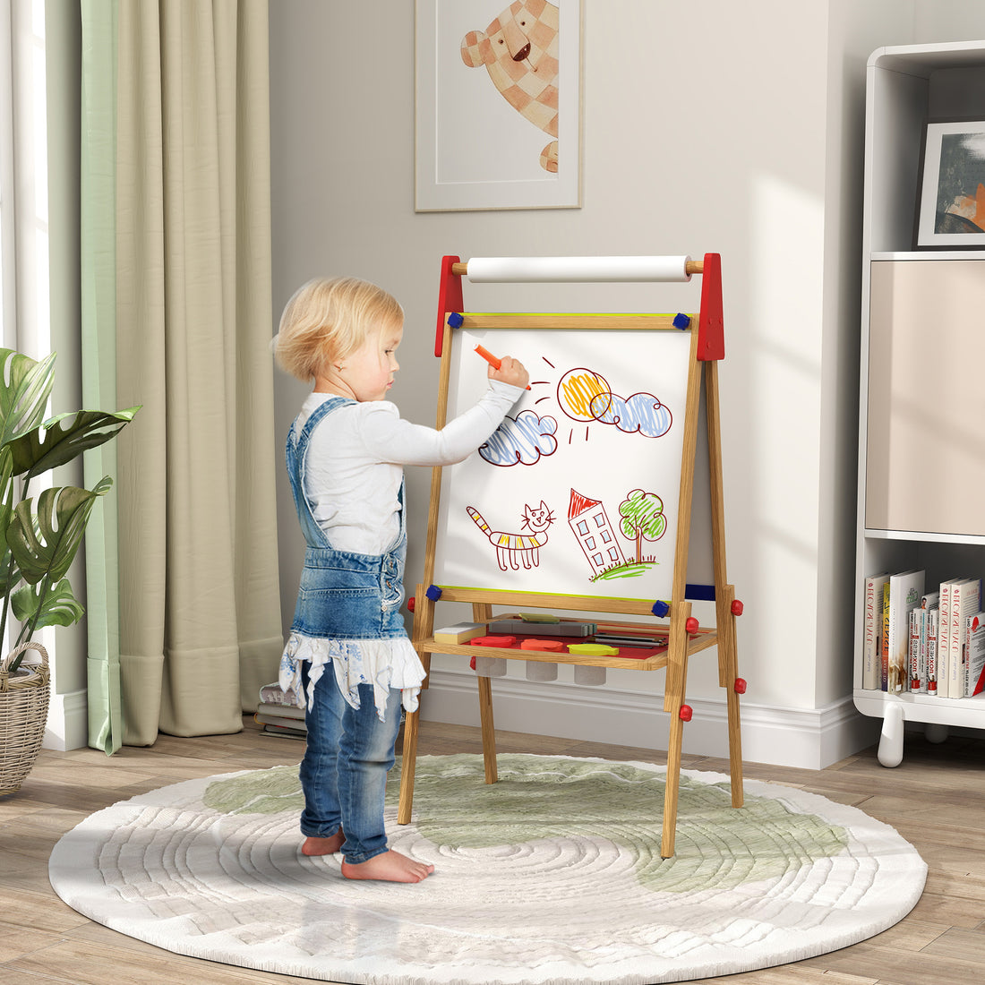 3-in-1 Wooden Kids Easel with Paper Roll, Whiteboard, Chalkboard, Painting Accessories