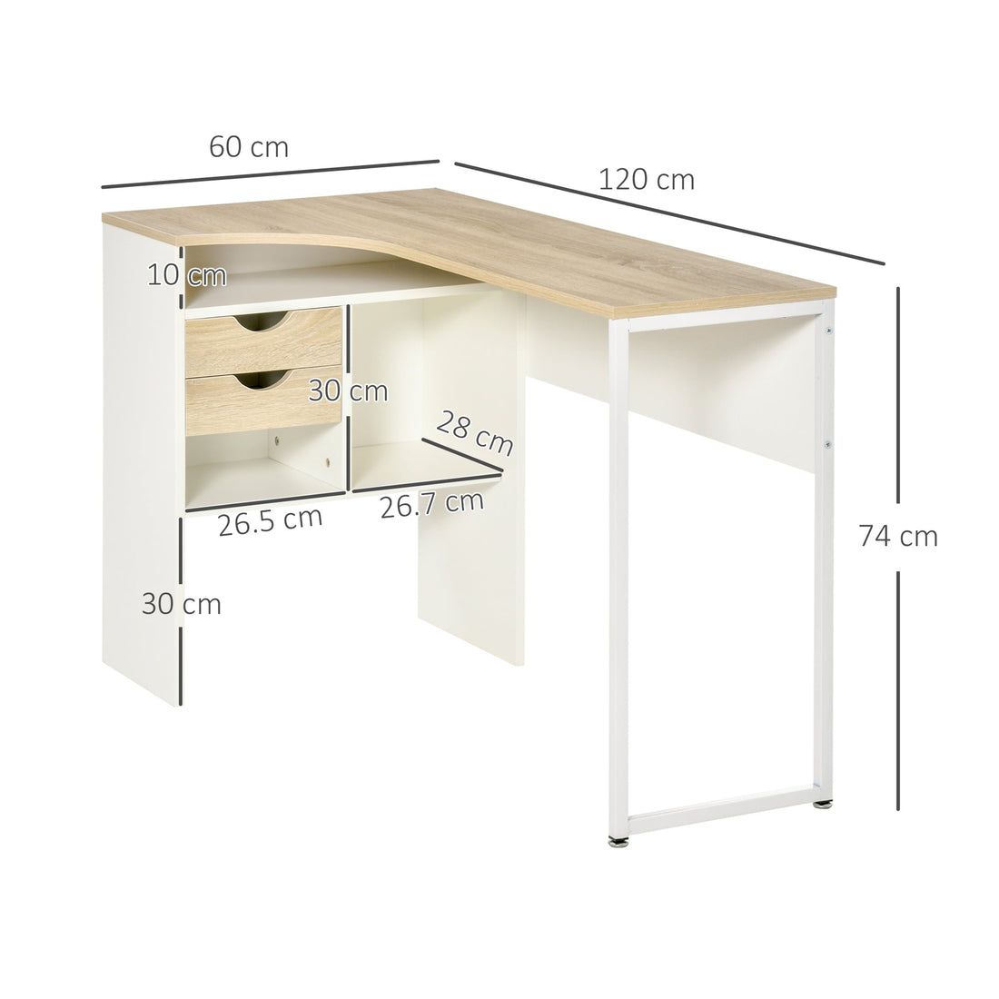 L Shaped Desk, 120cm Computer Desk, Corner Desk with 2 Drawers and 3 Storage Compartments for Home Office, Study Workstation, Oak