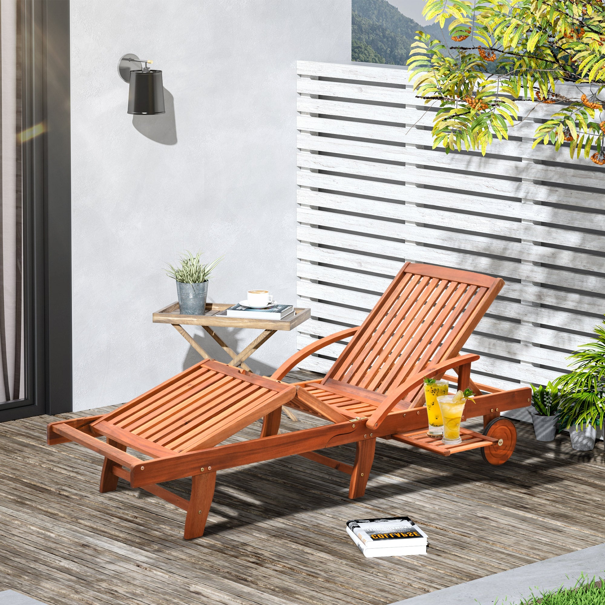 Folding Wooden Sun Lounger, 4-Level Adjustable Garden Lounger Recliner with Side Tray and Wheels, Outdoor Reclining Sunbed with Slatted Seat and Armrests for Patio, Terrace, Teak