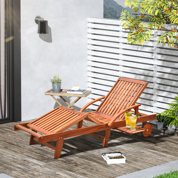 Folding Wooden Sun Lounger, 4-Level Adjustable Garden Lounger Recliner with Side Tray and Wheels, Outdoor Reclining Sunbed with Slatted Seat and Armrests for Patio, Terrace, Teak