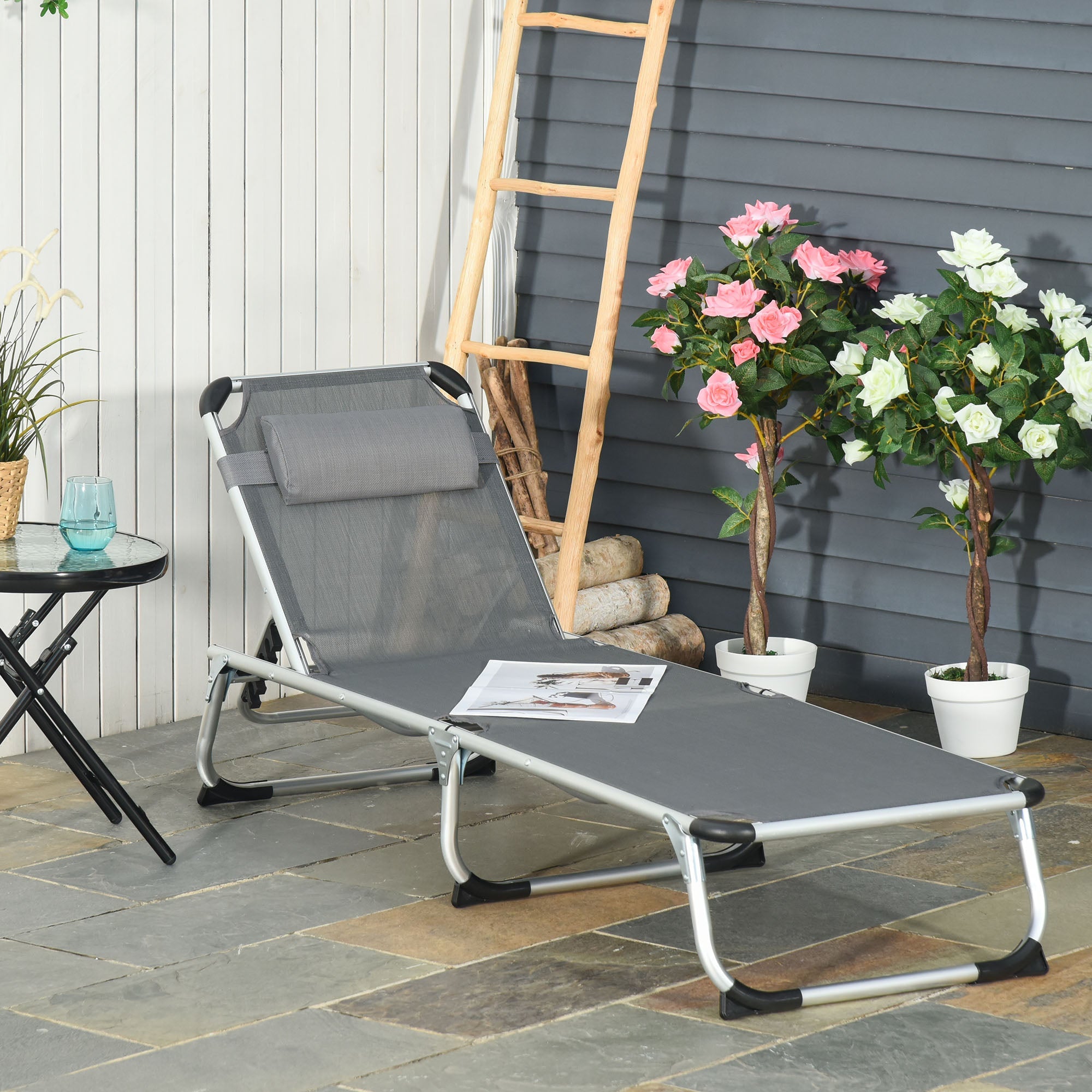 Foldable Outdoor Sun Lounger, Reclining Lounge Chair Camping Bed Cot with Pillow 4-Level Adjustable Back Aluminium Frame, Dark Grey