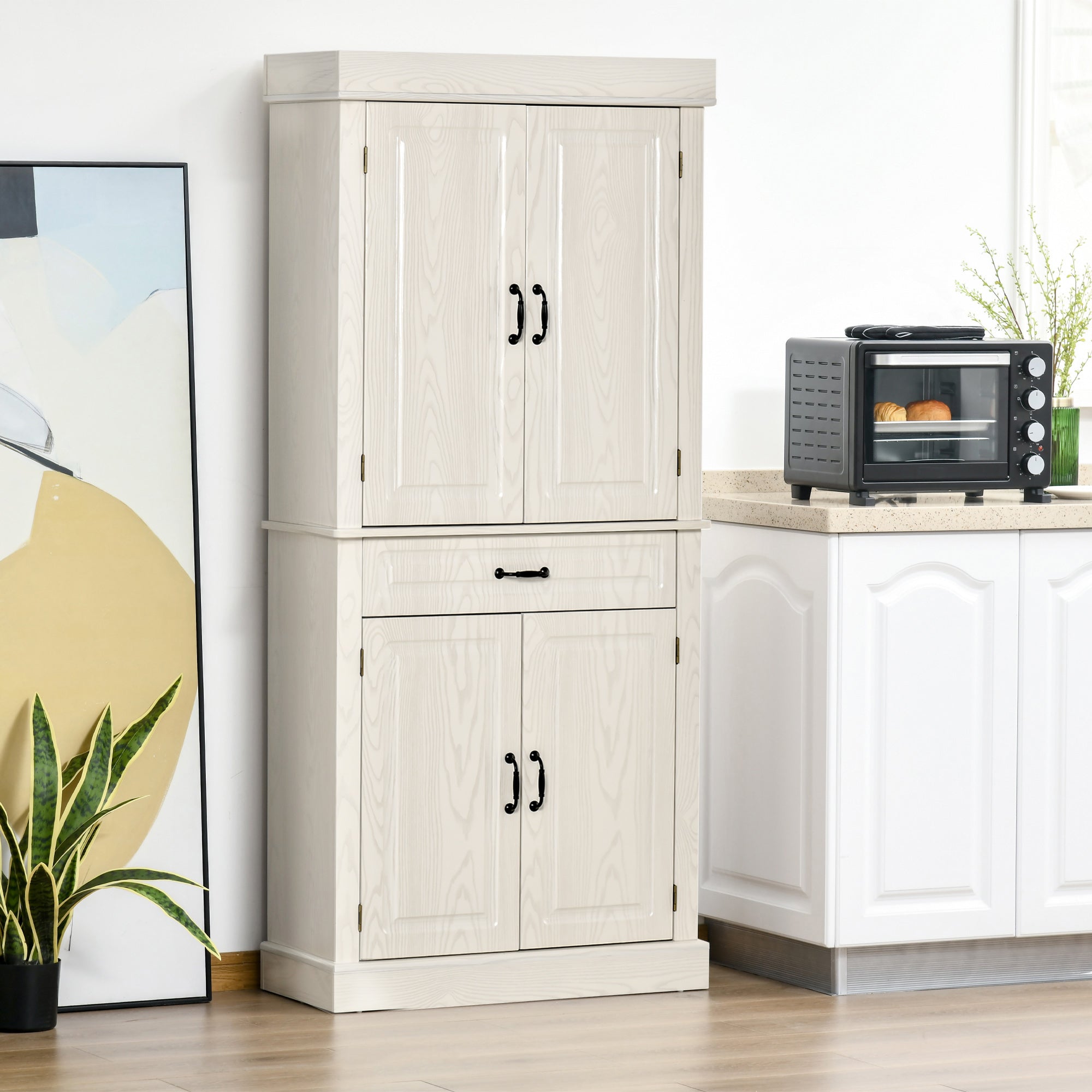 Kitchen Cupboard with 4 Doors, Freestanding Storage Cabinet with Wide Drawer and Shelves for Living Room, 180cm, White Wood Grain