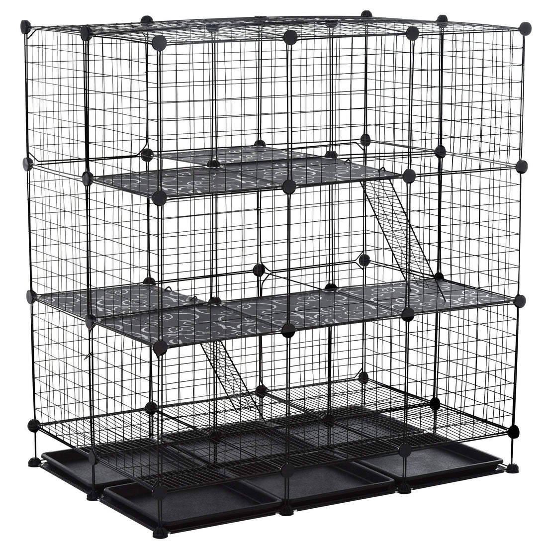 3 Level DIY Pet Playpen Metal Small Animal Cage Rabbit Ferret Chinchillas Cage 4 Doors Bottom Trays Black