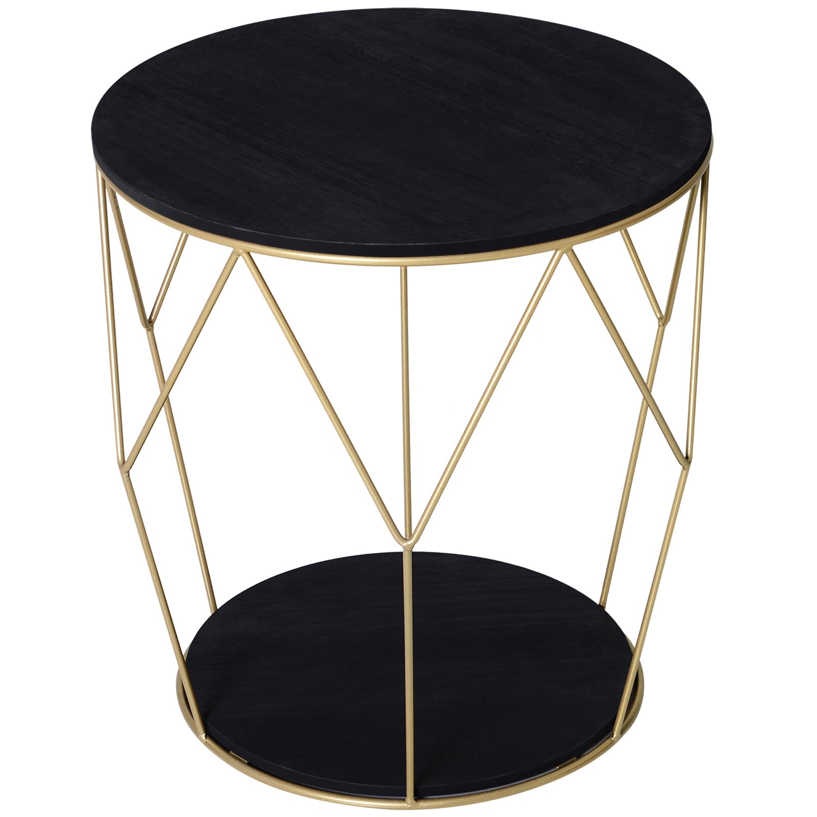 Round Coffee Table with Storage, Modern Sofa Side Table with Metal Frame, End Table for Bedroom, Living Room, Black and Gold, 45 x 45 x 48 cm