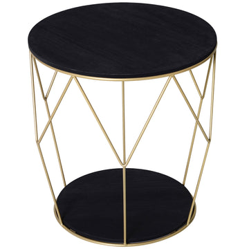 Round Coffee Table with Storage, Modern Sofa Side Table with Metal Frame, End Table for Bedroom, Living Room, Black and Gold, 45 x 45 x 48 cm