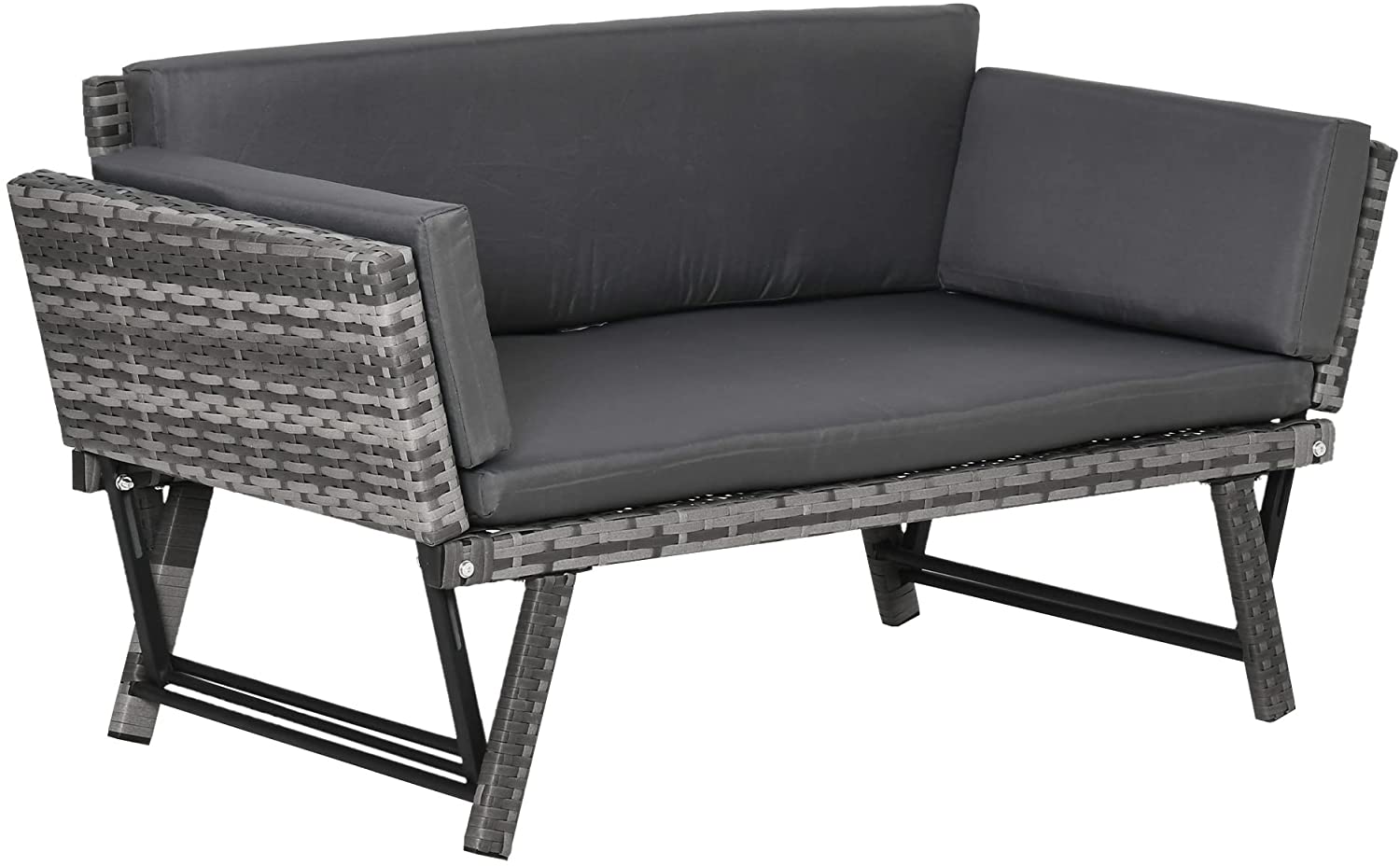 2 Seater Rattan Sofa with Cushions, 2-in-1 PE Rattan Daybed Sofa with Left Up or Down Armrests, Garden Chaise Lounger Loveseat for Outdoor, Patio, Mixed Grey
