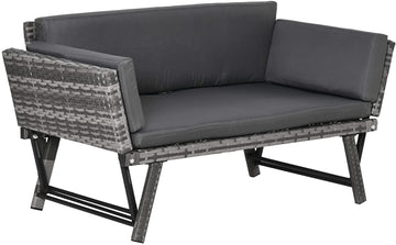 2 Seater Rattan Sofa with Cushions, 2-in-1 PE Rattan Daybed Sofa with Left Up or Down Armrests, Garden Chaise Lounger Loveseat for Outdoor, Patio, Mixed Grey