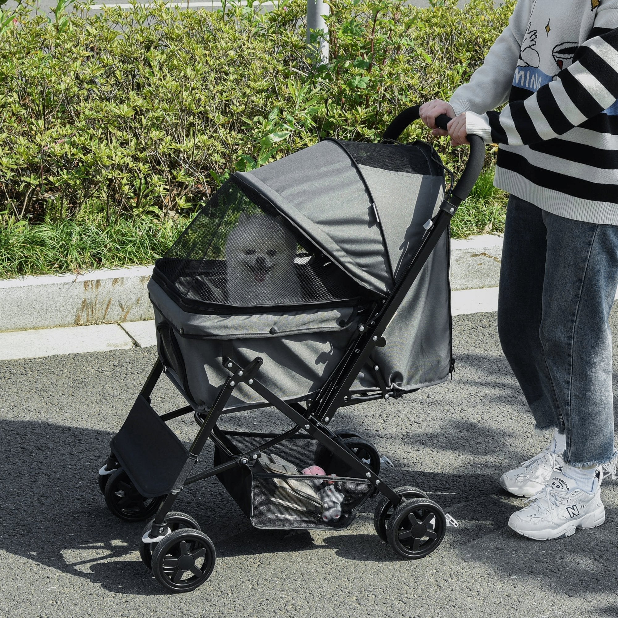 Pet Stroller Pushchair Foldable Travel Dog Cat Carriage w/ Reversible Handle Brake Basket