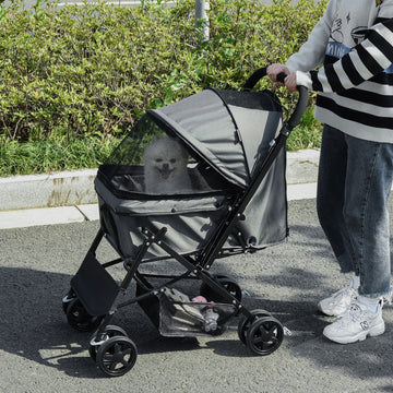Pet Stroller Pushchair Foldable Travel Dog Cat Carriage w/ Reversible Handle Brake Basket