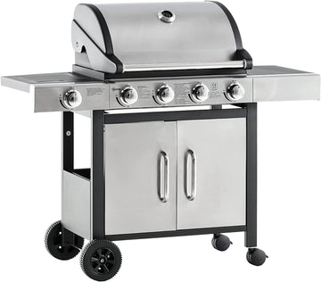 Gas Barbecue Grill 4+1 Burner Garden Smoker BBQ Trolley w/ Side Burner Warming Rack Side Shelves Storage Cabinet Piezo Ignition Thermometer Stainless Steel + Metal
