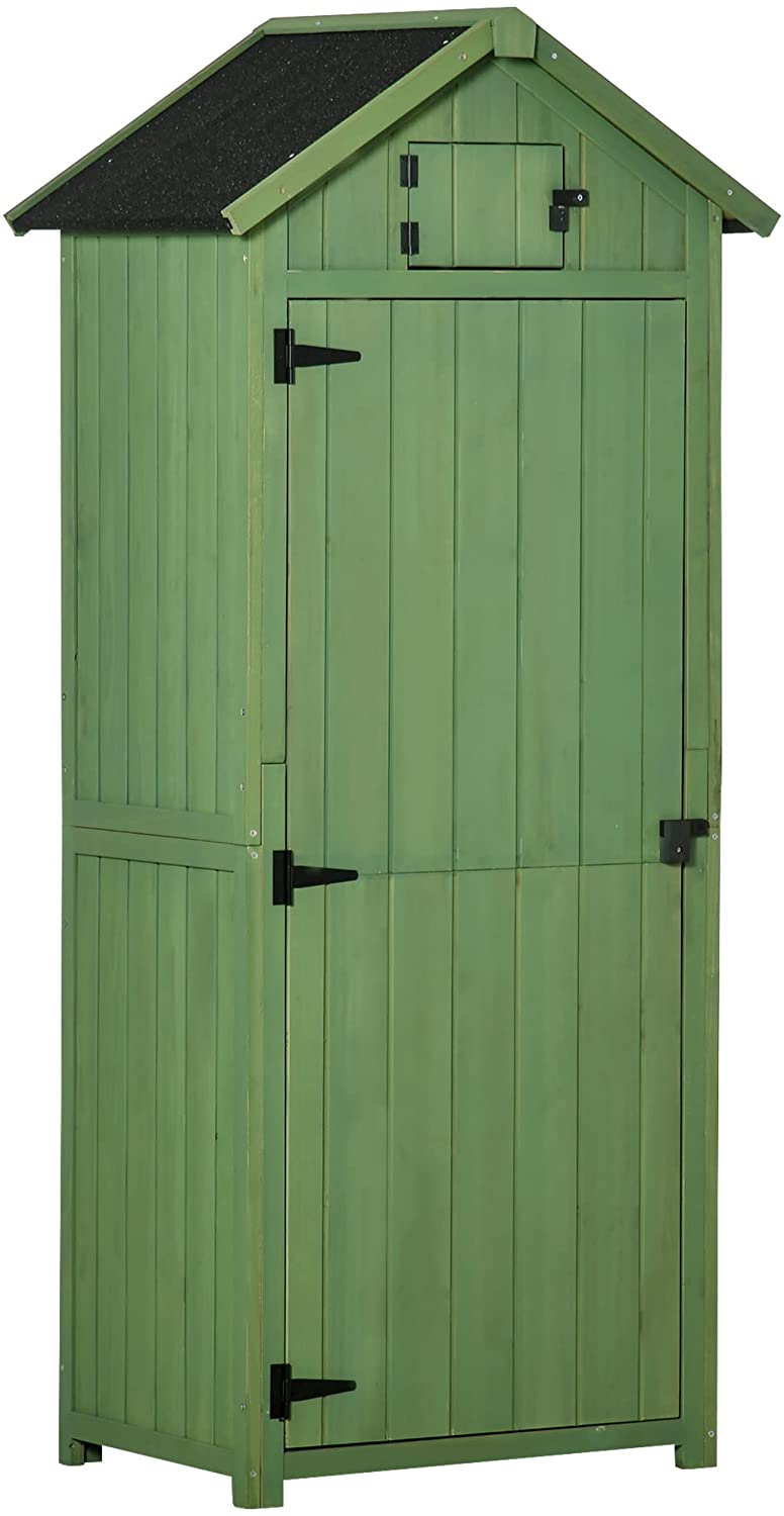 Wooden Garden Shed, Utility Outdoor Small Shed with Lockable Double Doors, Shelves and Roof Hatch, Dark Green