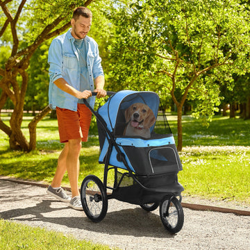 Dog Pram Dog Stroller Jogger Foldable Pet Pushchair for Medium, Small Dogs, w/ Rubber Wheels, Washable Cushion - Blue