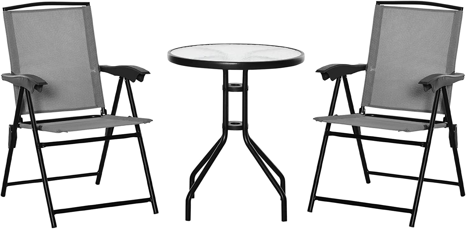 3 Piece Outdoor Bistro Set, Patio Conversation Furniture Set with 2 Folding Backrest Adjustable Armchairs and Glass Top Coffee Table, Grey