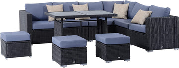 9-Seater Garden Rattan Furniture 10 Pcs Rattan Corner Dining Sofa Set, Grey/Dusty Blue Cushion
