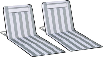Set of 2 Foldable Garden Beach Chair Mat Lightweight Outdoor Sun Lounger Seats Adjustable Back Metal Frame PE Fabric Head Pillow w/ Carry Bag, Light Grey